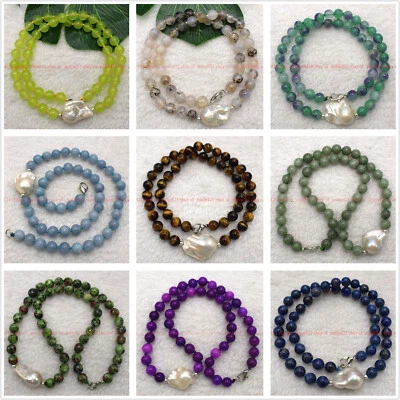 100% Natural 8mm Multicolor Gemstone Beads & 15x20mm Baroque Pearl Necklace AAA - Image 1 of 4