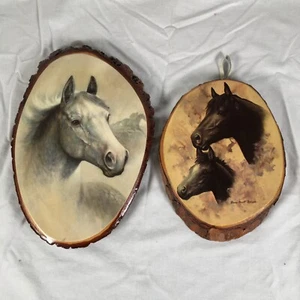 Set of 2 Art Print Horses Expoxy Over Wood Oval Tree Bark Wall Hanging Decor - Picture 1 of 14