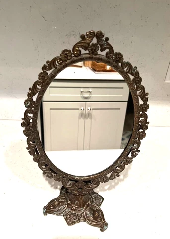 VINTAGE MIRROR BRONZE BRASS ORNATE  TABLE DECOR TILT HOLLYWOOD REGENCY ITALY Cover