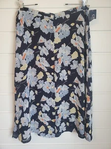 Chaps Skirt Womens Size 12 Button Front Floral Navy Blue Midi Flowy Vintage 90s - Picture 1 of 14
