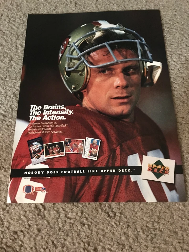 Tarjetas de fútbol americano vintage 1991 cubierta superior paquetes de papel aluminio anuncio impreso Joe Montana Foto 1 de 1