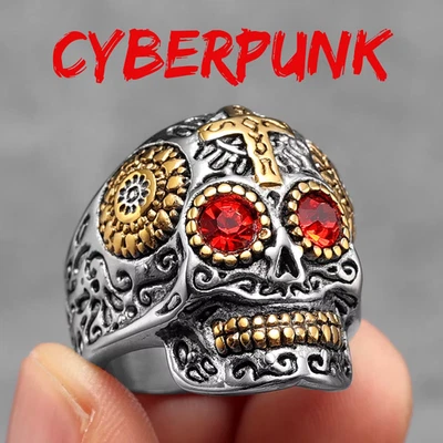 Anillo de calavera de acero inoxidable para hombre cruz gótico punk rock motociclista joyería talla 7-13 Foto 1 de 4