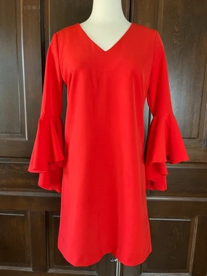 Vestido de cóctel rojo Catherine Malandrino para mujer 4 mangas campana elásticas cuello en V Foto 1 de 4