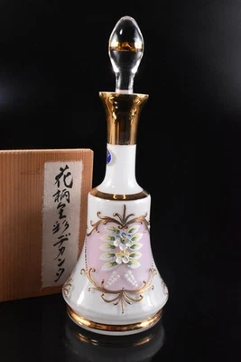 F4503: Japanese Glass Gold paint Flower Muffle painting FLOWER VASE Ikebana - Image 1 of 4