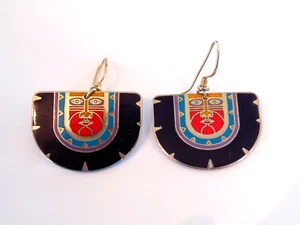 Vtg Laurel Burch KUBERA Drop Dangle Pierced Earrings Tribal Black Blue Red Gold - Picture 1 of 2