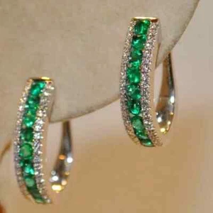 1.15Ct Round Lab-Created Emerald & Diamond Hoop Earrings 14K White Gold Plated - Picture 1 of 7