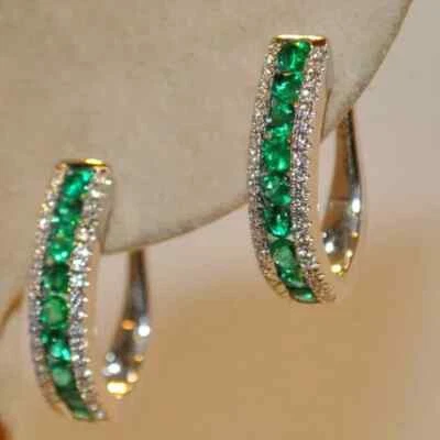 1.15Ct Round Lab-Created Emerald & Diamond Hoop Earrings 14K White Gold Plated - Image 1 of 4