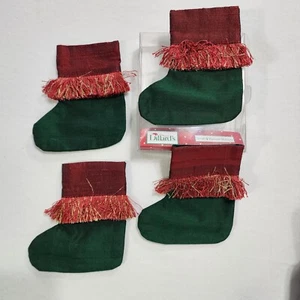 4 Christmas Flatware Holders Stockings Fringe Red Green Dillards NWOT - Picture 1 of 8