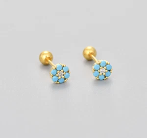 925 Sterling Silver Tiny Flower Turquoise CZ Screw Back Stud Earrings 5mm B12 - Picture 1 of 19