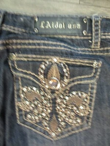 La Idol Jeans Crystal Studs Thick Stitch Denim Boot Cut Jeans 9x34 Fleur de lis - Picture 1 of 7