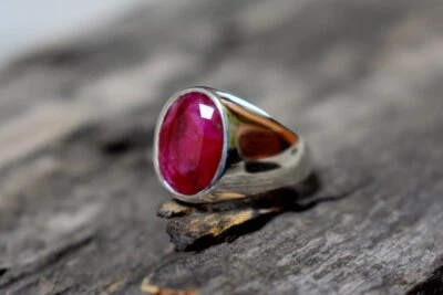 Solid 925 Sterling Silver Natural Pink Ruby Corundum Gemstone Signet Men's Ring - Image 1 of 4