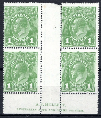 AUSTRALIA KGV Sideface SG.76 1d Green *MULLETT* Imprint Block{4} Mint MNH SS3553 - Image 1 of 4