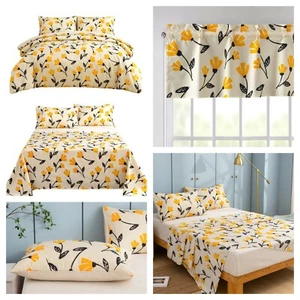 DaDa Bedding Yellow Fleur Duvet Cover Fitted Flat Bed Sheets Window Valance Set - Picture 1 of 17