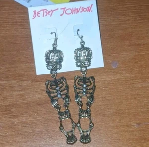 Orecchini pendenti lineari Betsey Johnson scheletro re teschio corona oro antico - Foto 1 di 5