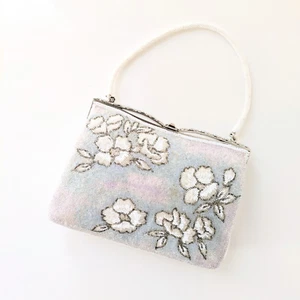 Japanese Vintage Beaded Evening Bag Floral Pattern White/Blue/Pink 7x5 inch - Picture 1 of 19
