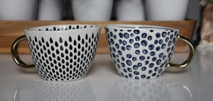 Pair of OLD POTTERY COMPANY Coffee Cup Mugs Black Teardrops Blue Dots Gold - Picture 1 of 10