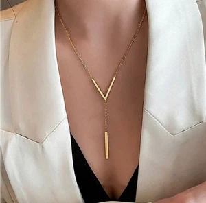 Gold Plated Stainless Steel V Shaped Lariat Necklace - Picture 1 of 3