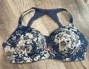 CACIQUE Blue Floral Sz 44DD Simply Wire Free Plunge Padded Uplift Push Up Bra - Picture 1 of 8
