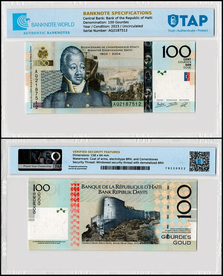 Haití 100 Gourdes, 2023, P-275h, Conmemorativo UNC, Autenticado Foto 1 de 1