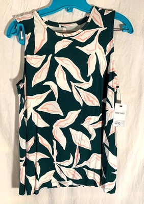 Regata feminina nova com etiquetas Nine West gola alta fiada macia concha L verde folhas rosa - Imagem 1 de 4