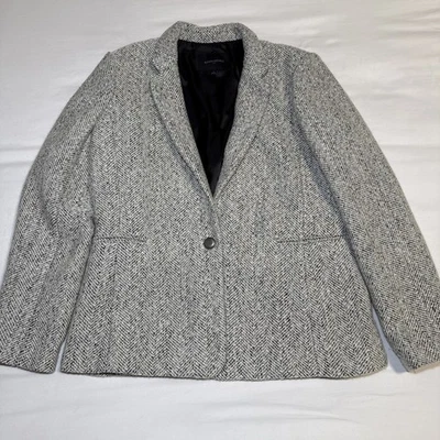 Blazer Banana Republic tweed casaco branco preto espinha de peixe feminino 14 um botão - Imagem 1 de 4