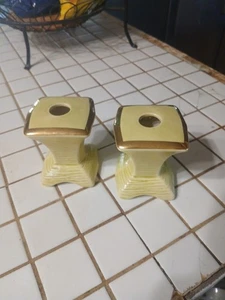 Stanford Sebring Mid Century Pottery Green/yellow chartreuse Candle Holders Set - Picture 1 of 3