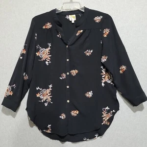 Fig and Flower Embroidered Blouse Large Black Button Front - Picture 1 of 10