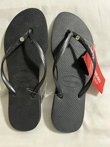 HAVAIANAS Flip Flops with SWAROVSKI CRYSTALS 9/10W or 8M (41/42) Black~NWT - Picture 1 of 9