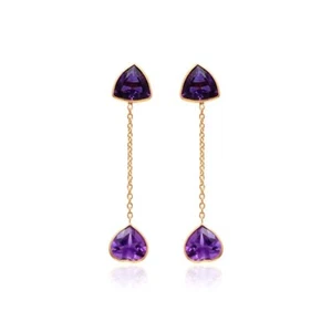 Pendientes colgantes largos de amatista natural corte corazón de 1 quilates de oro amarillo macizo de 18 k - Imagen 1 de 9