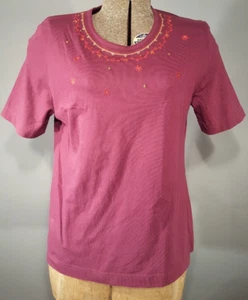 Vintage 70's 80's Needlepoint T-Shirt with Beads Purple Red Color Short Sleeve - Picture 1 of 11