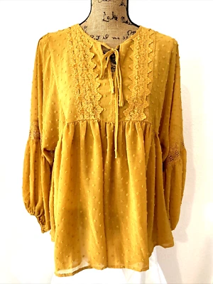 Easel Womens Peasant Blouse Mustard Yellow Lace inset Bell Sleeve Dotted Swiss S - Image 1 of 4