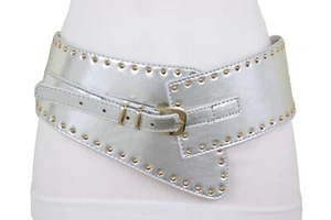 Women Wide Western Silver Faux Leather Fashion Elastic Band Belt Gold Studs XS S - Picture 1 of 11