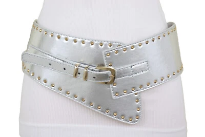 Donna Largo Western Argento Moda Ecopelle Fascia Elastica Cintura Oro Borchie XS - Immagine 1 di 4