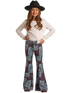 Rock and Roll Denim Girls' Patchwork Print Flare Jeans - RRGD7PR0FC - Picture 1 of 6
