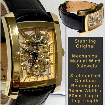 GATSBY 骷髅机械 | Goldtone 长方形 W34 x LTL50 毫米 STUHRLING 手表 — 第 1/4 张图片