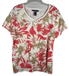 Karen Scott Womens White Coral Beige V Neck Floral Shirt Size XL - Picture 1 of 3