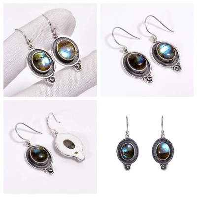 Pendientes de labradorita natural de Madagascar de plata de ley 925 joyería fina étnica Foto 1 de 4