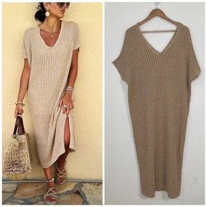 ZARA Metallic Thread Knit Midi Kaftan Size S-M Gold Semi Sheer - Picture 1 of 11