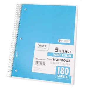 Mead Spiral Notebook, Wide Ruled, 5 Subject, 180 Sheets - Picture 1 of 1