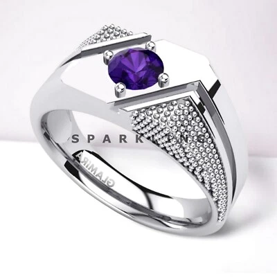 Piedras preciosas de amatista de corte redondo con anillo de plata de ley 925 para hombre #D414 Foto 1 de 4