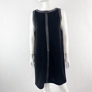 Vintage Andrea Jovine Black Sleeveless Wool Shift Dress Faux Leather Trim Size L