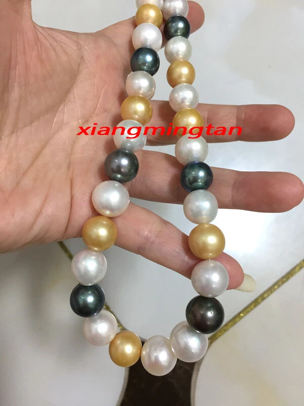 AAAAA REAL 18"10-11mm South sea white gold black Multicolor pearl necklace 14K - Image 1 of 4