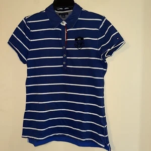 Tommy Hilfiger Slim Fit Polo Shirt NAVYBLUE/ White Strips Women’s Large No Tags - Picture 1 of 12