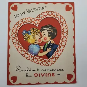 Vintage Valentines Day Card 1950s 1940s Divine Romance Kissing Valentine - Picture 1 of 5