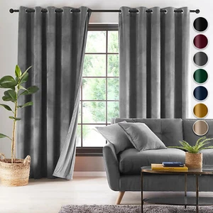 Crushed Velvet Curtains Ready Made Thermal Ring Top Fully Lined Blackout Curtain - Picture 1 of 36