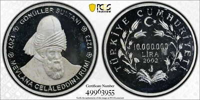 2002 Turkey Silver 10,000,000 Lira Coin Proof Gonuller Sultani - PCGS PR67DCAM - Image 1 of 3