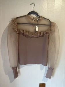 Zara Ladies Organza Sheer Ruffle Long Sleeve Top XL 10-12 Puff Sleeve New! - Picture 1 of 21