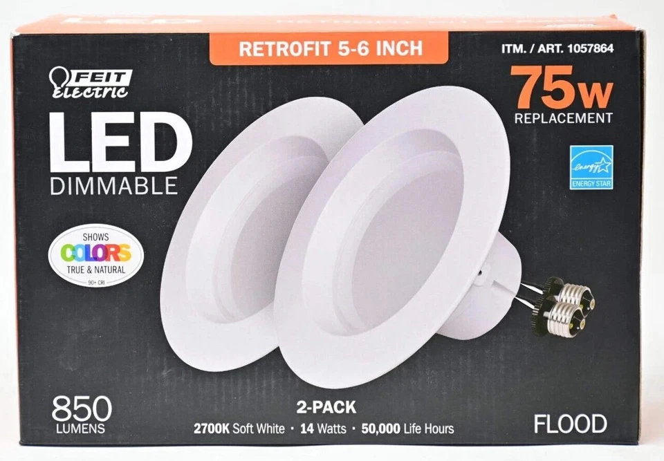 Feit Electric LED Dimmable Retrofit 5-6 Inch 75w 2-pack 2700k Soft White