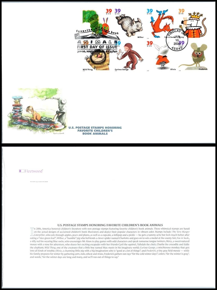 2006 Children's Book Animals Sc 3994a FDC Fleetwood, stories rabbits pigs bears - Image 1 of 1