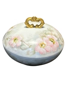 Vintage Limoges France Round Box & Lid Porcelain. Hand Painted Flowers. Signed - Picture 1 of 9